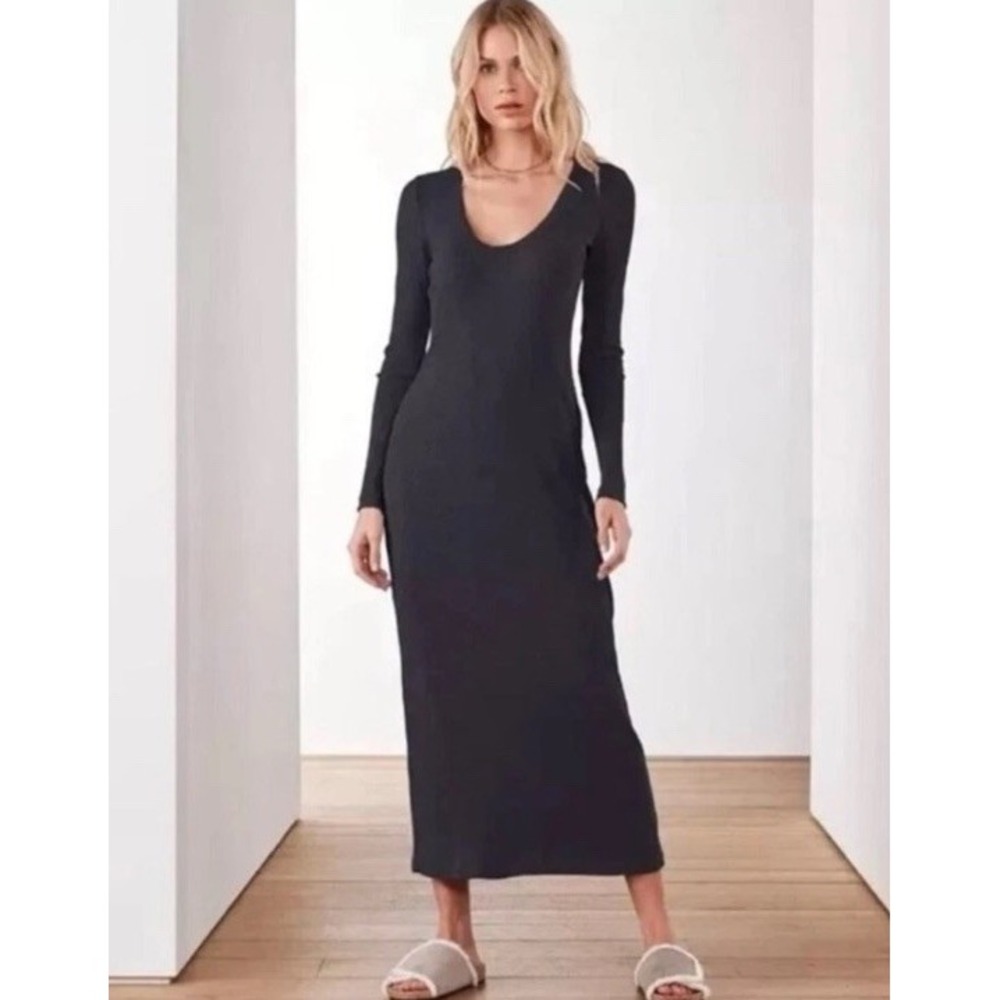 James Perse Ribbed Black Long Sleeve Scoop Neck Midi Dress Size 3 (L)